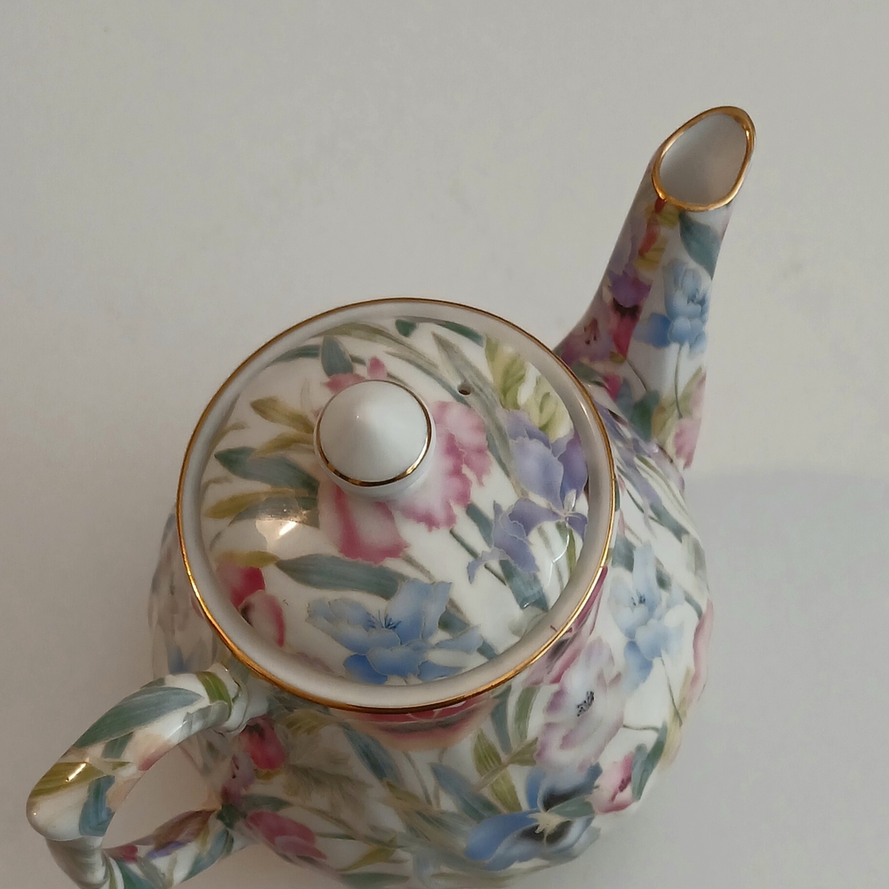 Floral Bone China Teapot with Gold Accents